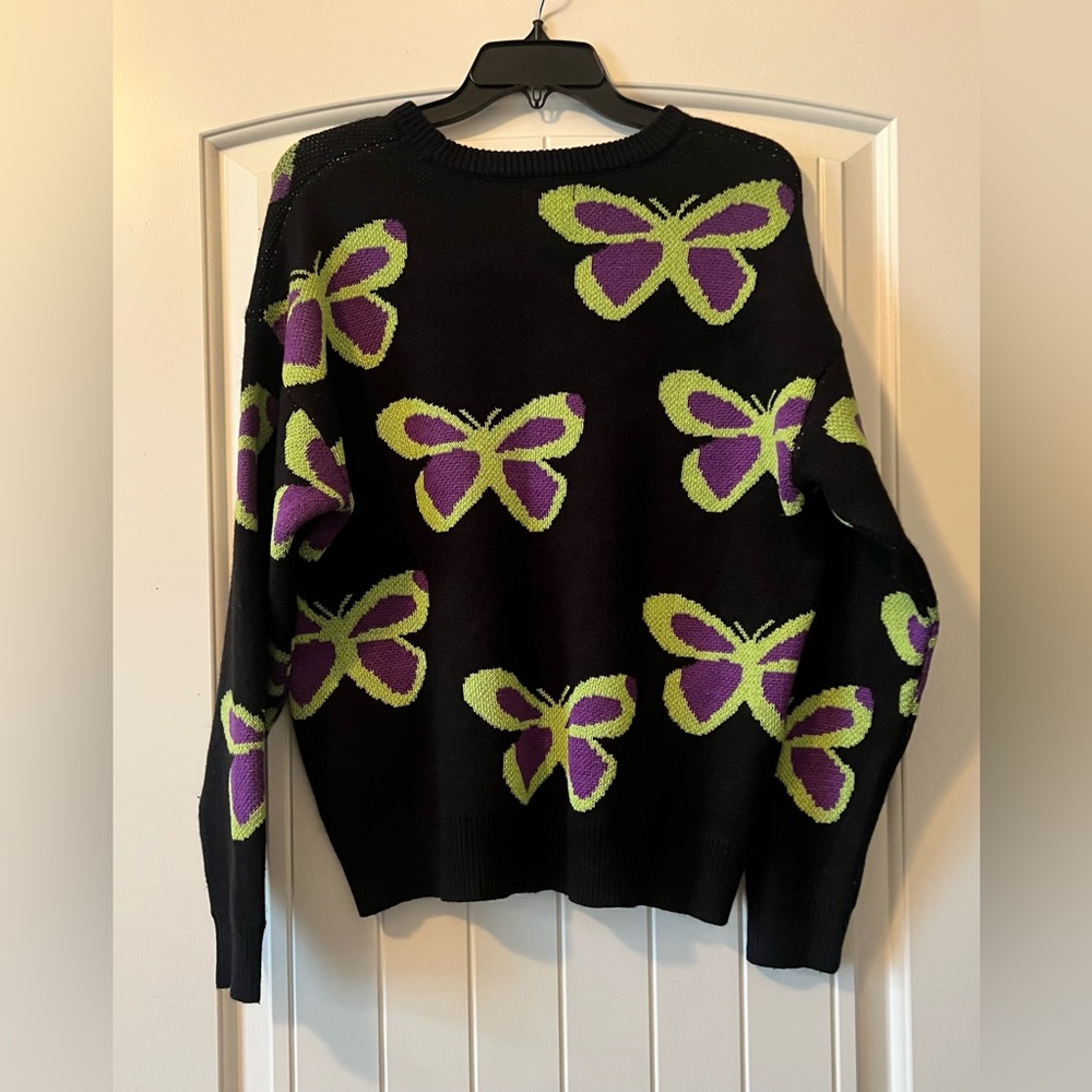 Aqua Blue Butterflies Pullover Crew Sweater Black Purple Green Women’s Medium - Picture 2 of 6